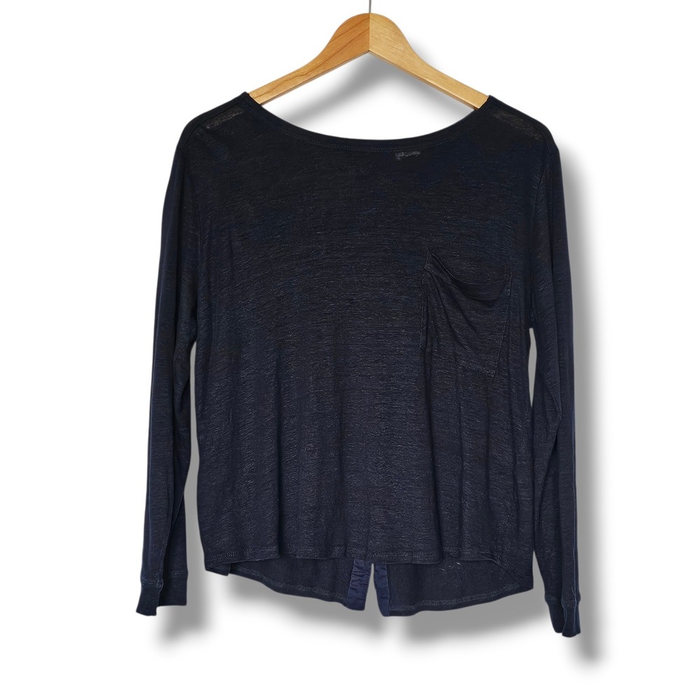 Poetry Linen Top 8 Womens Navy Blue Button Back Pocket Minimalist Quiet Luxury